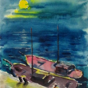 Abendliche Landschaft mit zwei Booten an der Kaimauer